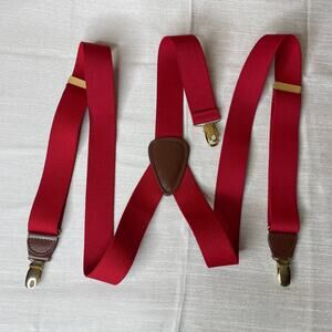 CAS Germany Vintage Red Elastic Suspenders Leather Trim Braces Gold Metal Clip
